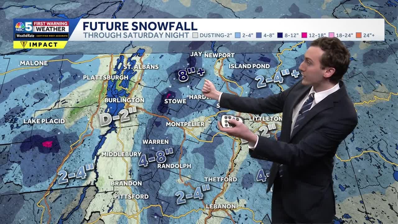 Upslope snow showers Saturday, bit drier Sunday in Vermont (03-13-26)