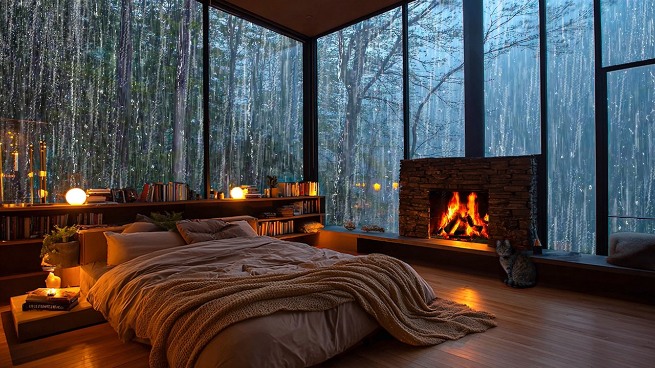 No Ads, Rain Sounds For Sleeping – 10 Hours of Rain & Fireplace Sounds and Gentle Thunder on Window
