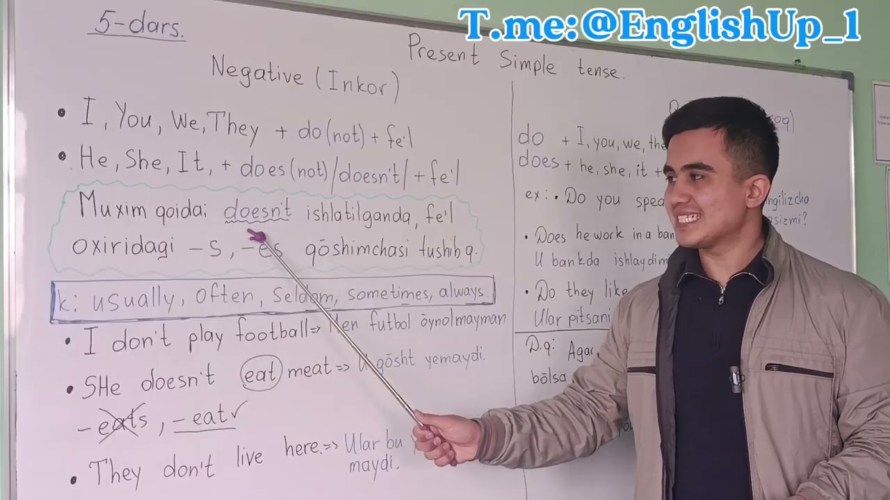 0 dan ingiliz tilini oʻrganamiz. 5-dars. Present simple tense negative and question shakillari
