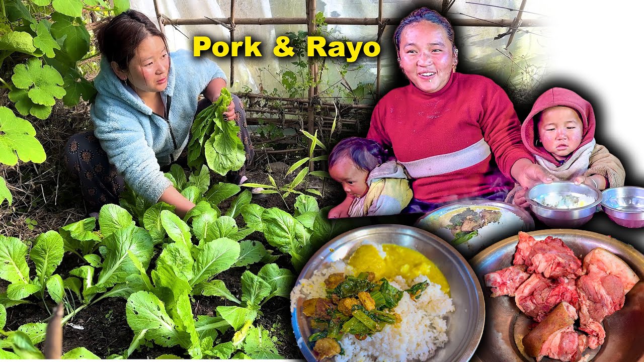 Local Pork & local Green Mustard (Rayo) mix recipe with rice Eating सुङ्गुर को मासु र रायोको साग