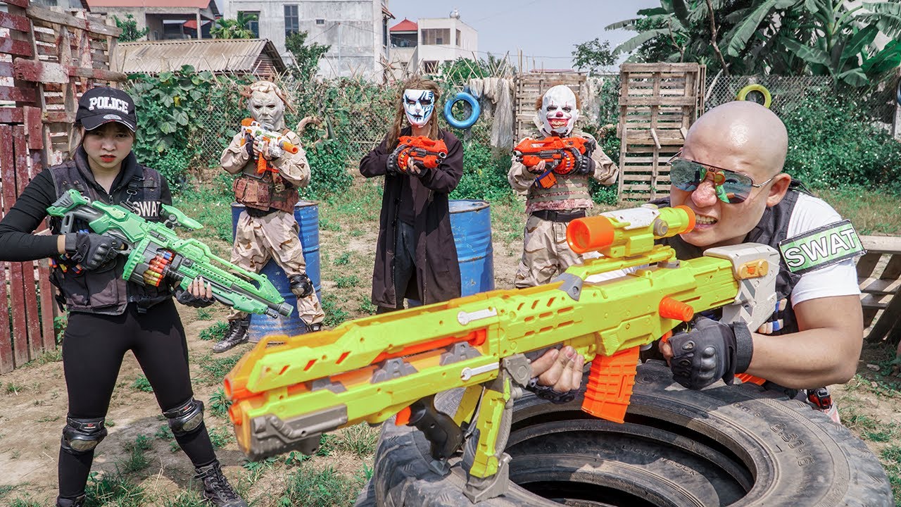 [ 1 Hour Nerf War ] Warriors Black Nerf Guns Fight Crime RED SATAN Mask Bloody Battlefield EP 03