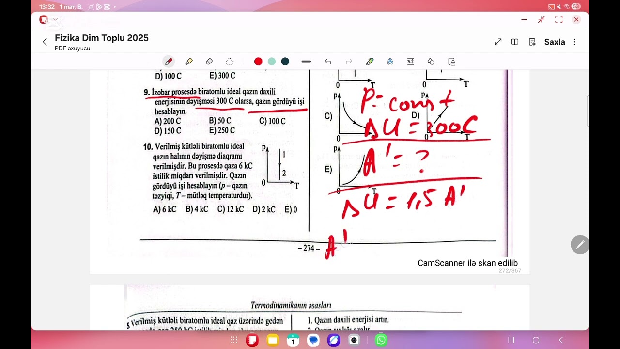Termodinamikanın 1ci qanunu və müxtəlif proseslərə tetbiqi
