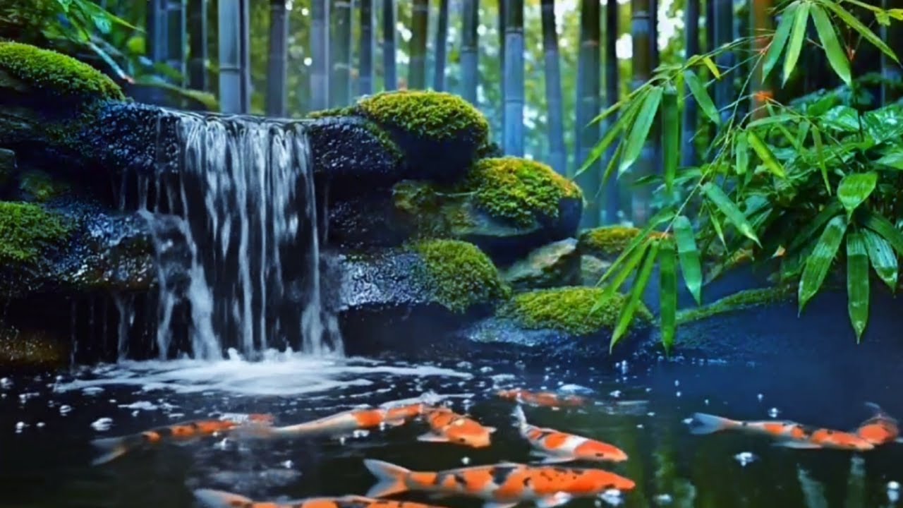 Calming Rain Garden 🌧️ Koi Fish & Waterfall Nature Sounds