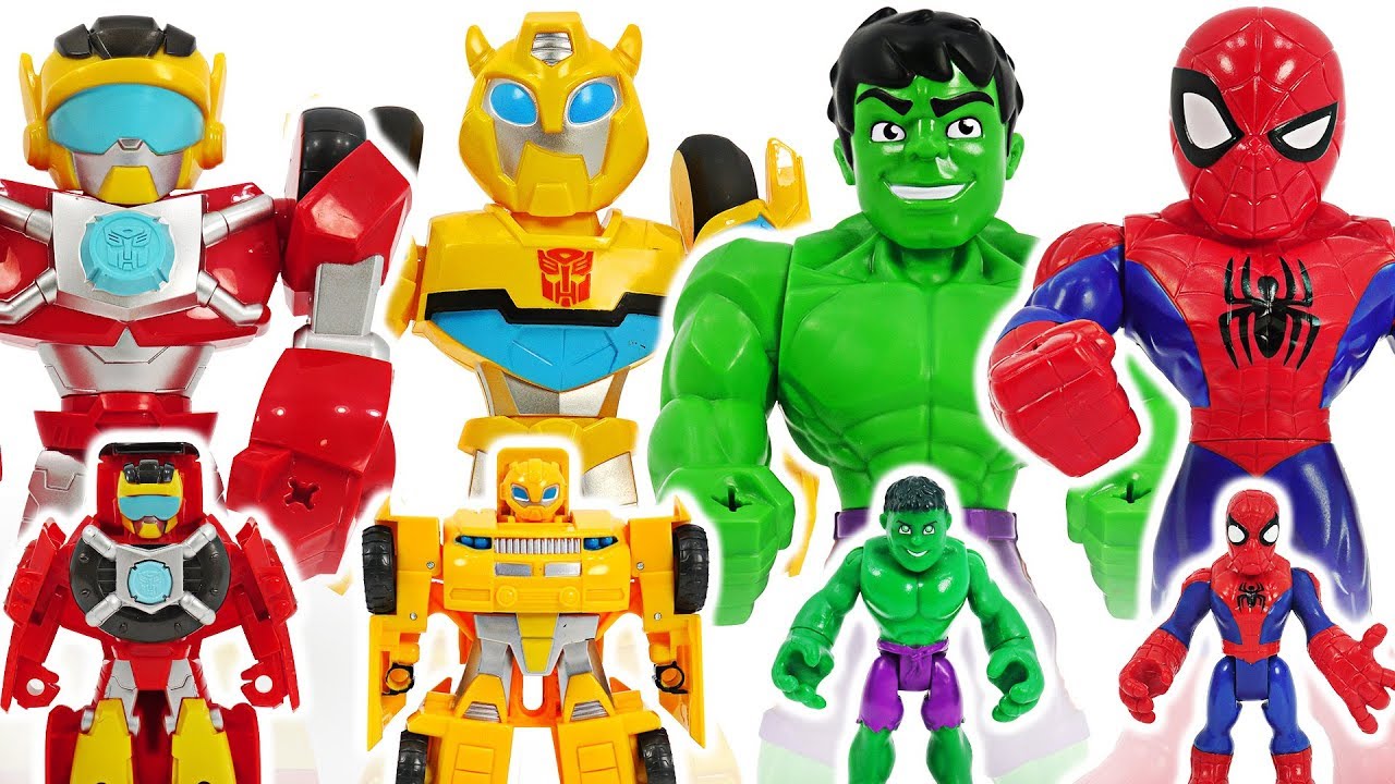 Avengers Hulk, Spider-Man, Transformers Rescue Bots Bumblebee! Defeat dinosaur! #DuDuPopTOY
