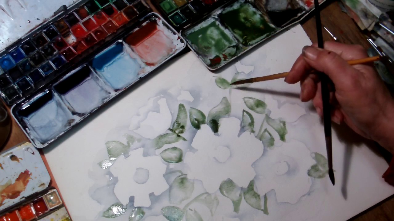 Hedwig's Art tutorial white flowers. watercolor, negative painting