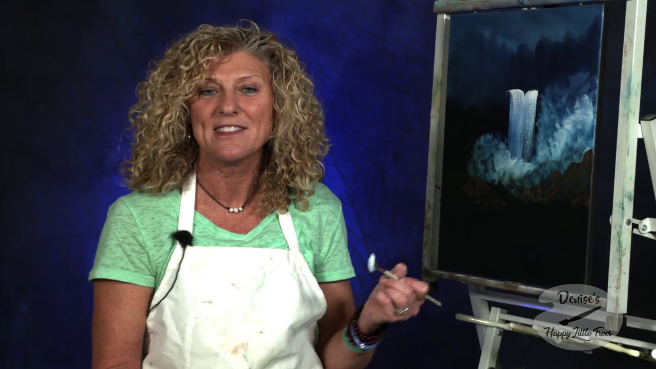Denise's Happy Little Trees / Episode 2. Waterfall painting on black canvas.
