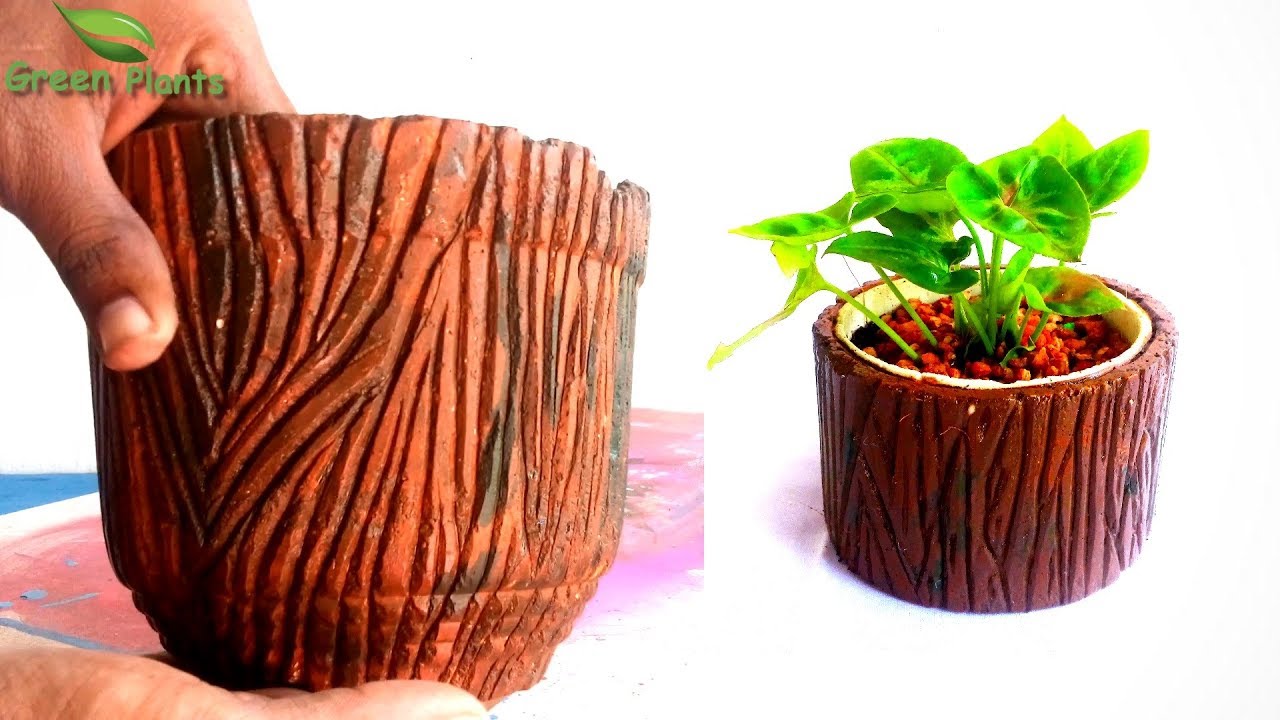 Creative Carving Cement Pot Like a Tree Stump | Cement Planter Ideas//GREEN PLANTS