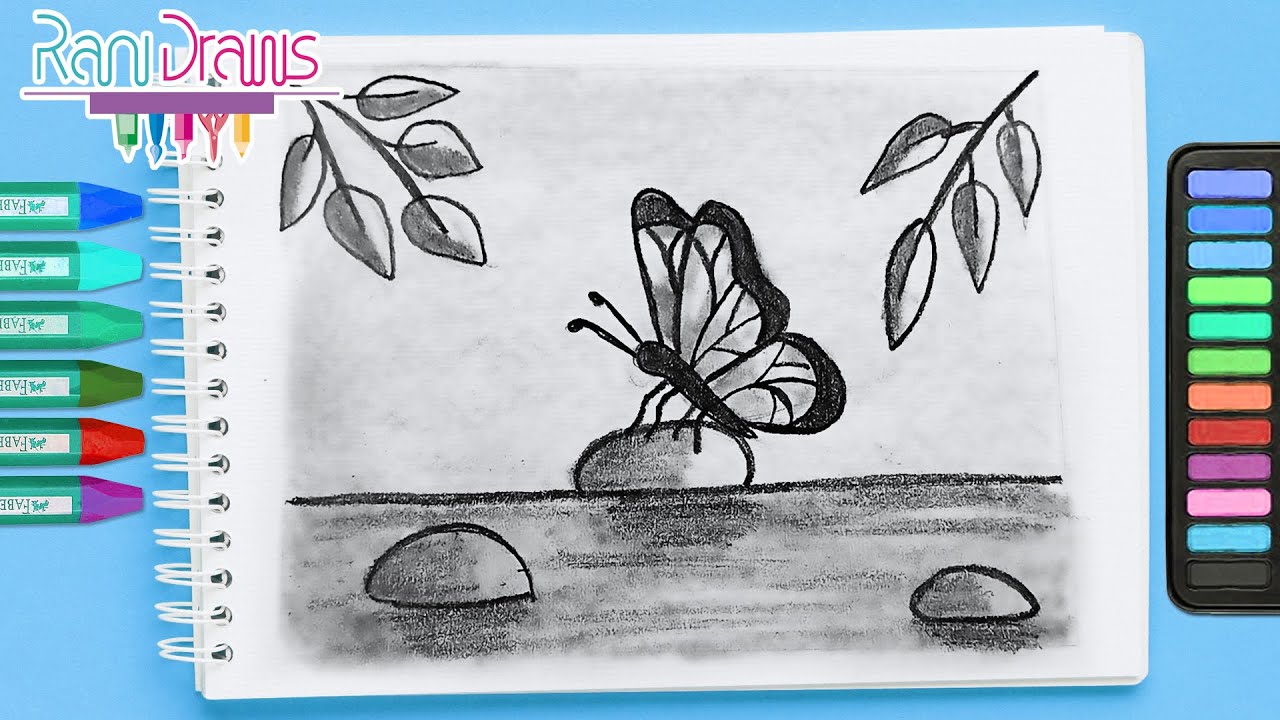 Cómo dibujar un PAISAJE CON LÁPIZ (Mariposa)  - ideas de dibujos fáciles