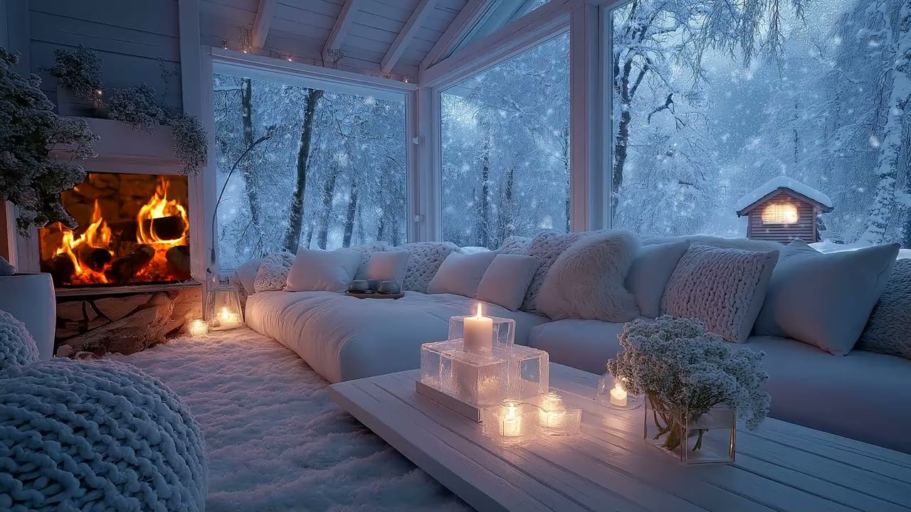 ❄️🎹 Winter White Room Piano | Cozy Candlelight Flowers & Snowfall | 5 Hours Relax Study Meditation