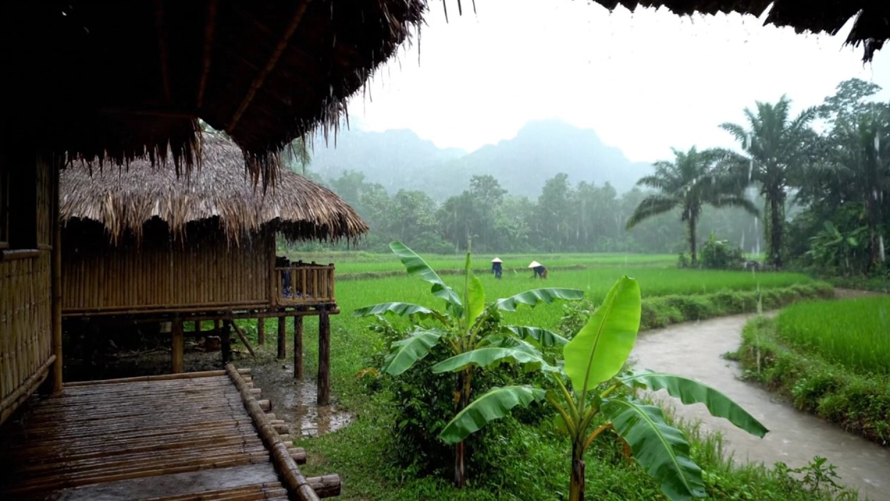 Relaxing Rain in a Tropical Village 🌧️ Peaceful Rice Field Rain Sounds for Sleep