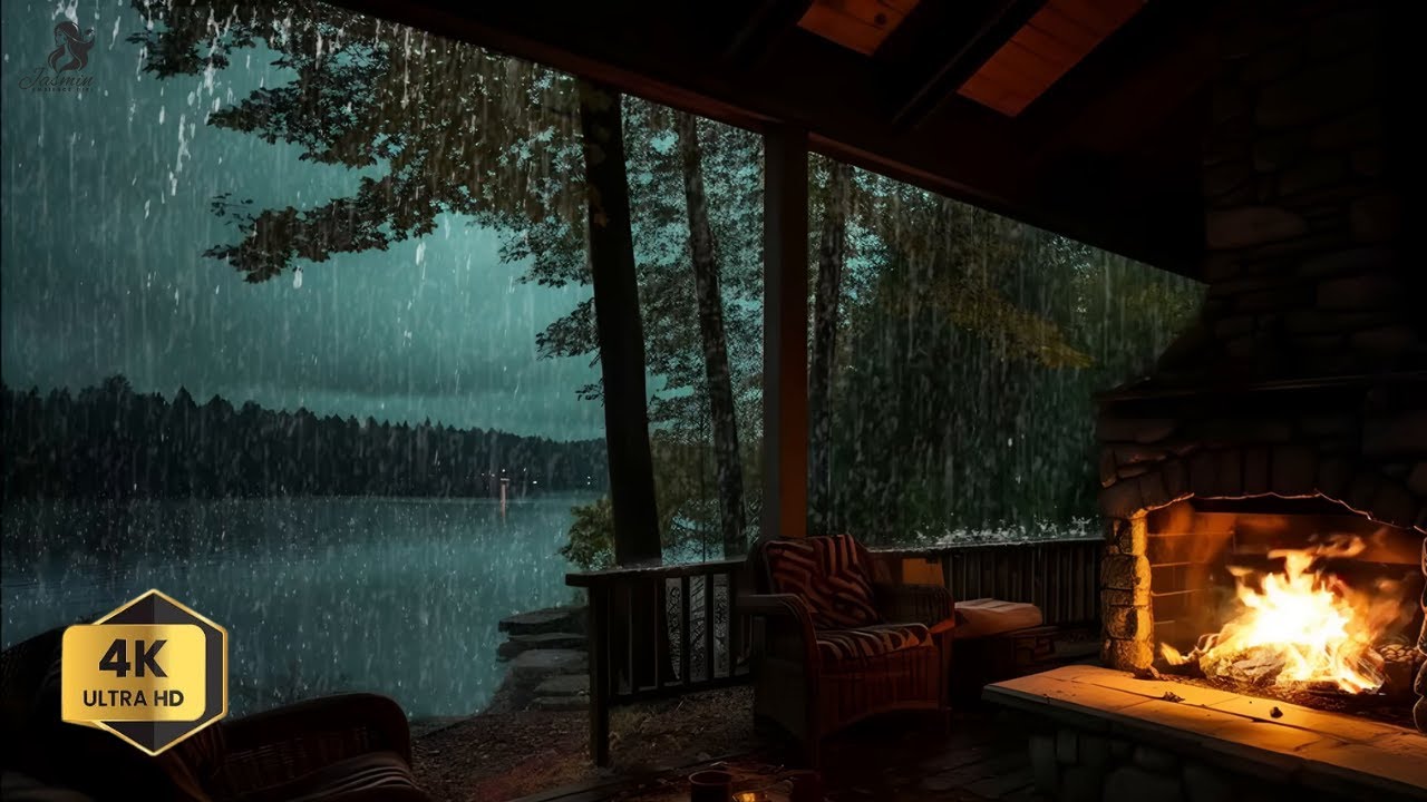 Cozy Lakeside Porch Ambience 🌧 Rain & Crackling Fireplace for Deep Sleep & Relaxation ASMR | RJ