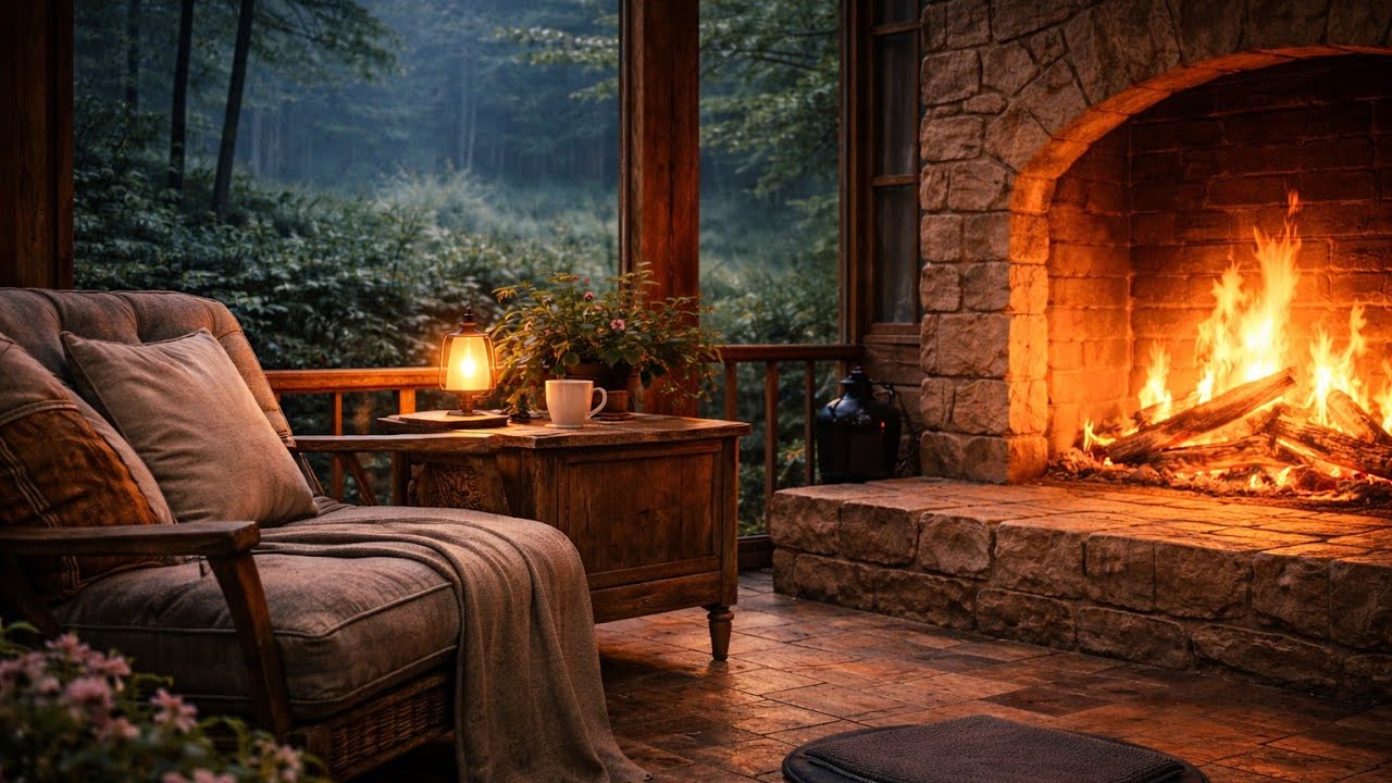 Rainy Spring Fireplace 🌧️ Slow Intimate Jazz Piano for Cozy Days