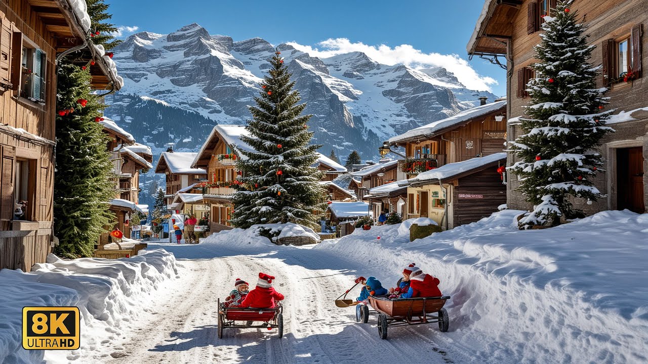 Mürren Switzerland 🇨🇭🎄A Breathtaking Sunny Day in Mürren, Switzerland's Snow Paradise! 8K ❄️