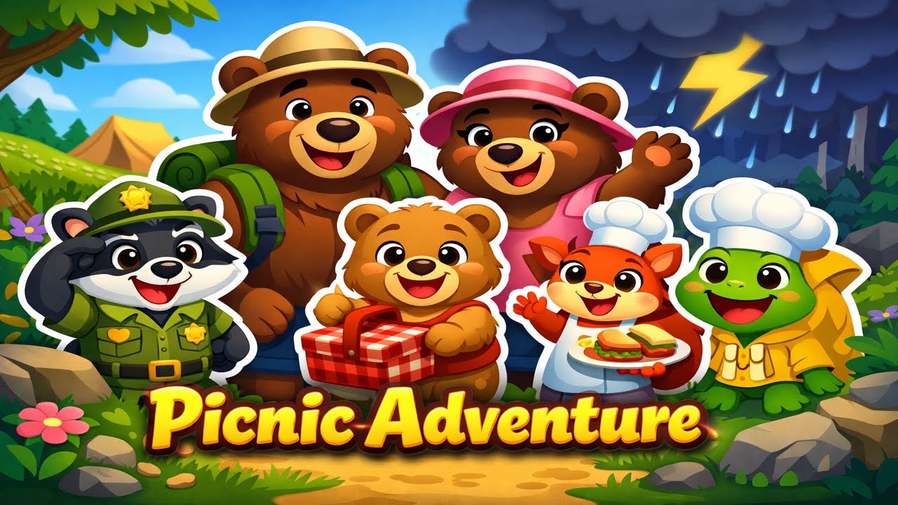 Bear Family Picnic Adventure (3D Cartoon) | Funny Camping Day, Storm Surprise & Family Teamwork