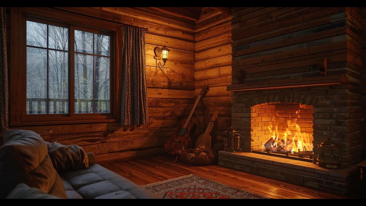 Cozy Cabin Ambience – Crackling Fireplace, Snowfall Through the Window & Gentle Rain Fire Sounds