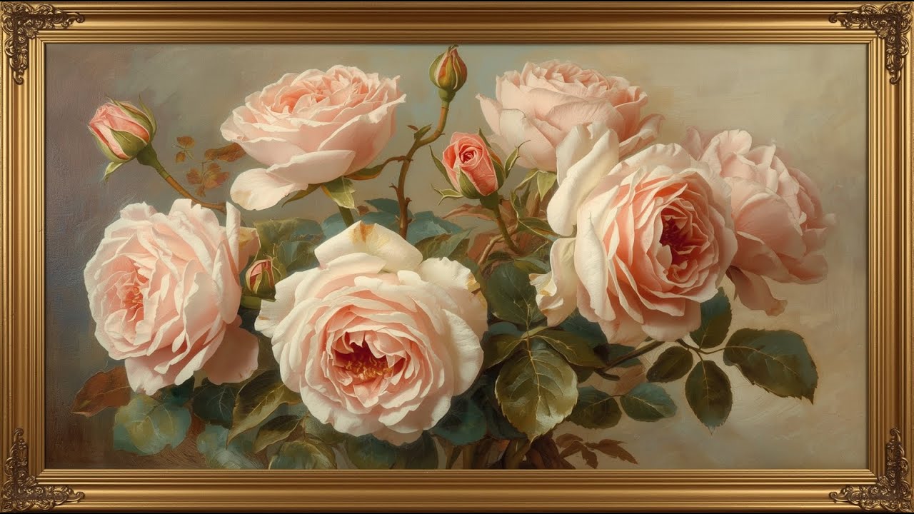 Vintage Soft Pink Roses Oil Painting | Elegant Gold Frame | Timeless Floral Art | TV Screensaver 4K
