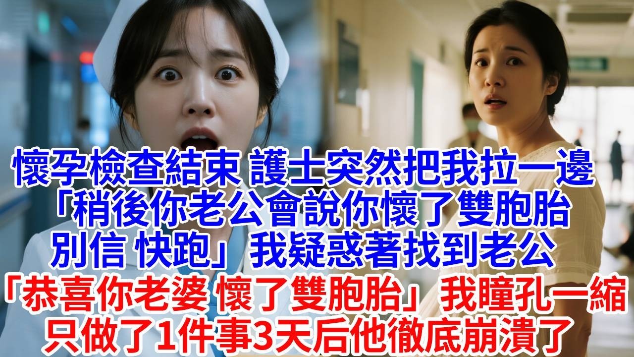 懷孕檢查結束，護士突然把我拉一邊。「稍後你老公會說你懷了雙胞胎，別信，快跑。」我疑惑著找到老公，「恭喜你老婆，懷了雙胞胎。」我瞳孔一縮，只做了一件事，3天后他徹底崩潰了。#婆媳故事#為人處世