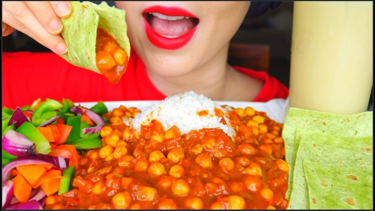 ASMR SPICY CHICKPEA CURRY, CHANA MASALA, RICE, BREAD, CRUNCHY SALAD, BANANA MILK | 咀嚼音 먹방