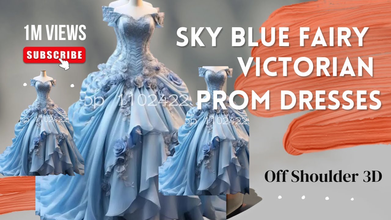 Sky Blue Fairy Victorian Prom Dresses | Off Shoulder 3D Floral Ruffles Evening Gown