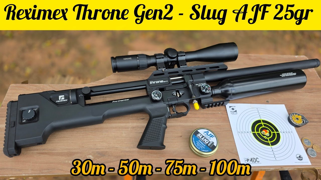 REXIMEX THRONE GEN2 5.5mm - TESTE COM SLUG AJF 25GR ATÉ 100 METROS!  47 Joules com Slug