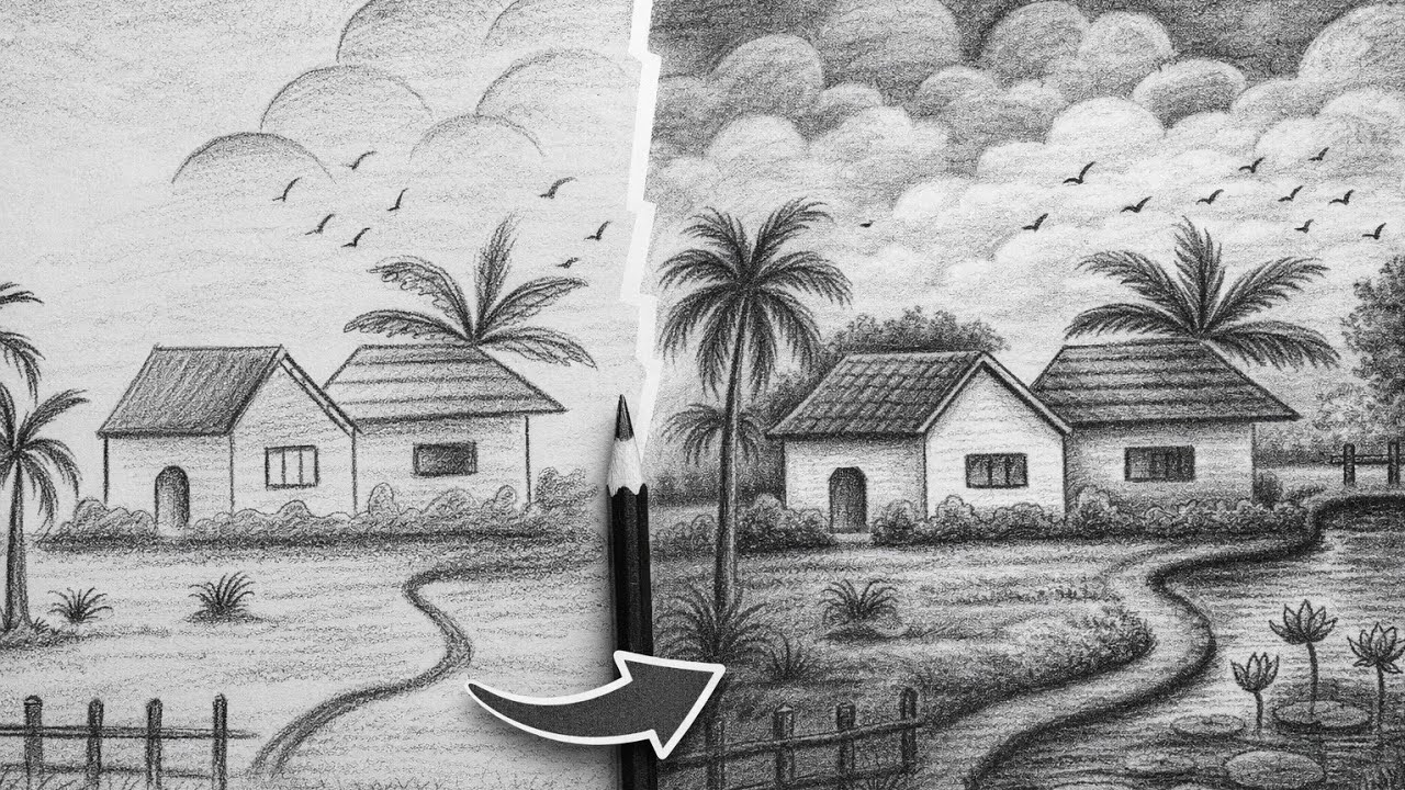 Easy Village SceneryDrawing with Pencil/Beautiful Nature Landscape for School Competition StepbyStep
