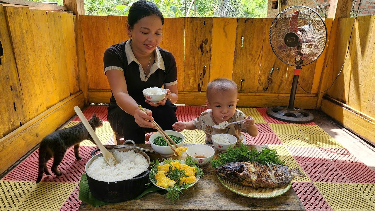 Harvest cucumbers to sell at the market and grill giant fish for his little son to eat.