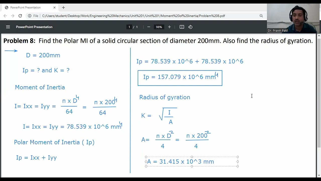 Problem 8 -Polar moment of inertia and radius of gyration of a solid circular section