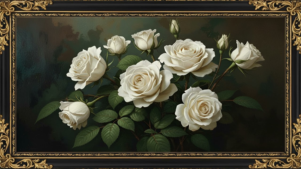 White Rose Floral Painting | Classic Luxury Flower Art for Frame TV & Elegant Decor