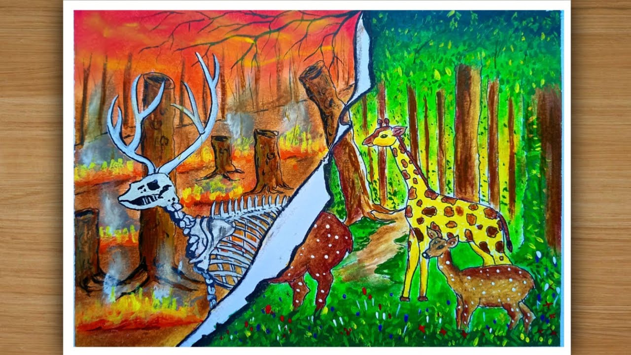 Wildlife conservation drawing with oil pastel|World wildlife day drawing | Van mahotsav drawing.