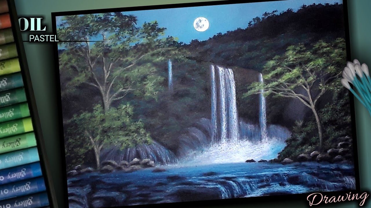 Waterfall Scenery Drawing | Oil Pastel Drawing For Beginners