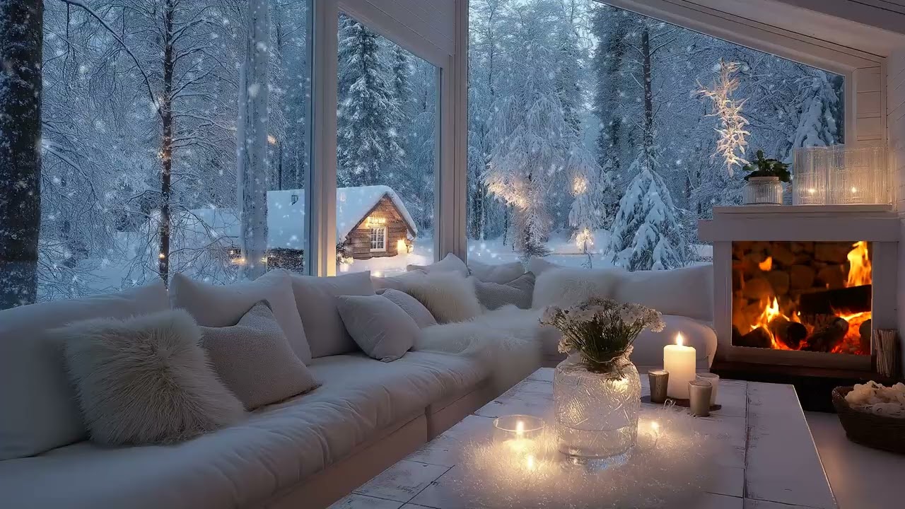 ❄️Peaceful Snowy Lounge Piano | Candlelight & Snow Outside | 5 Hours Anxiety Relief Study Relax Calm