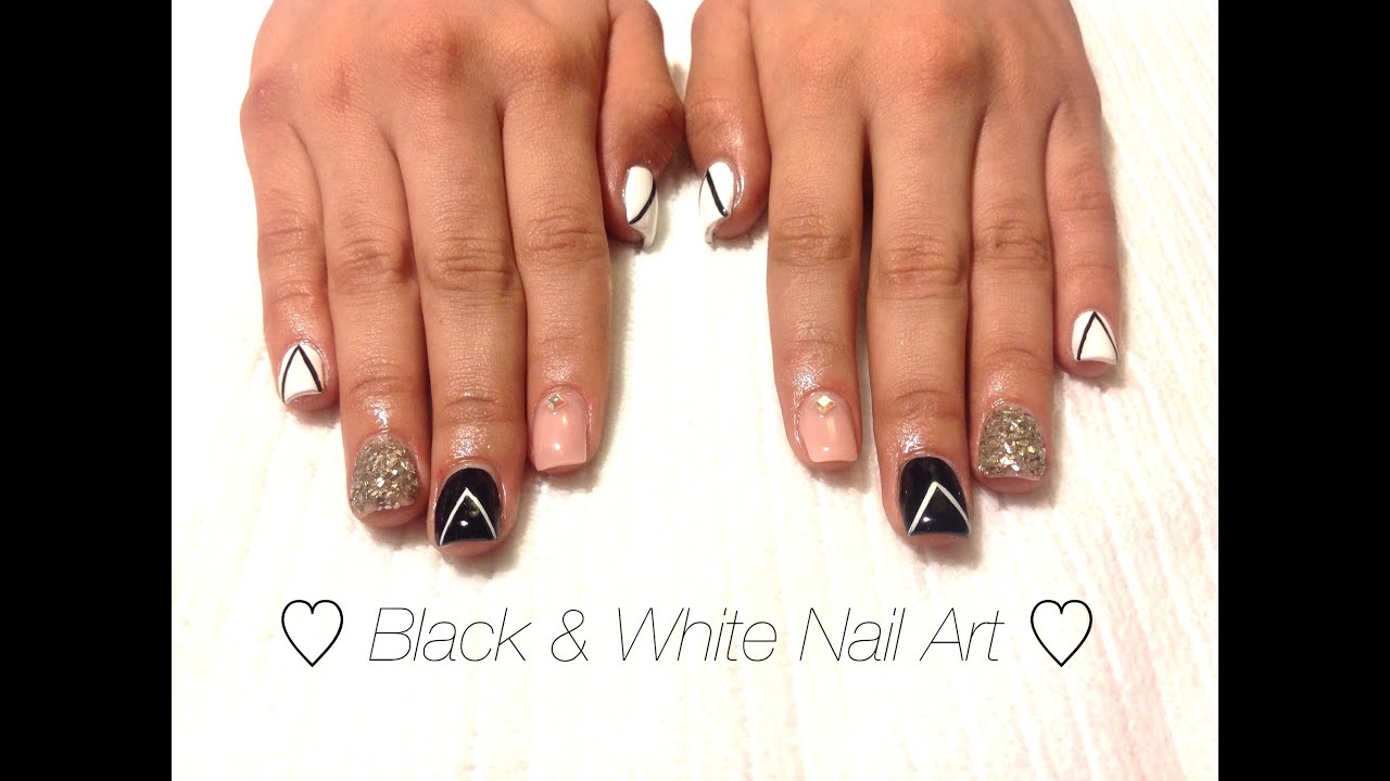 HOW TO: Acrylic Nail Art Black & White w/Glass Glitter ♥