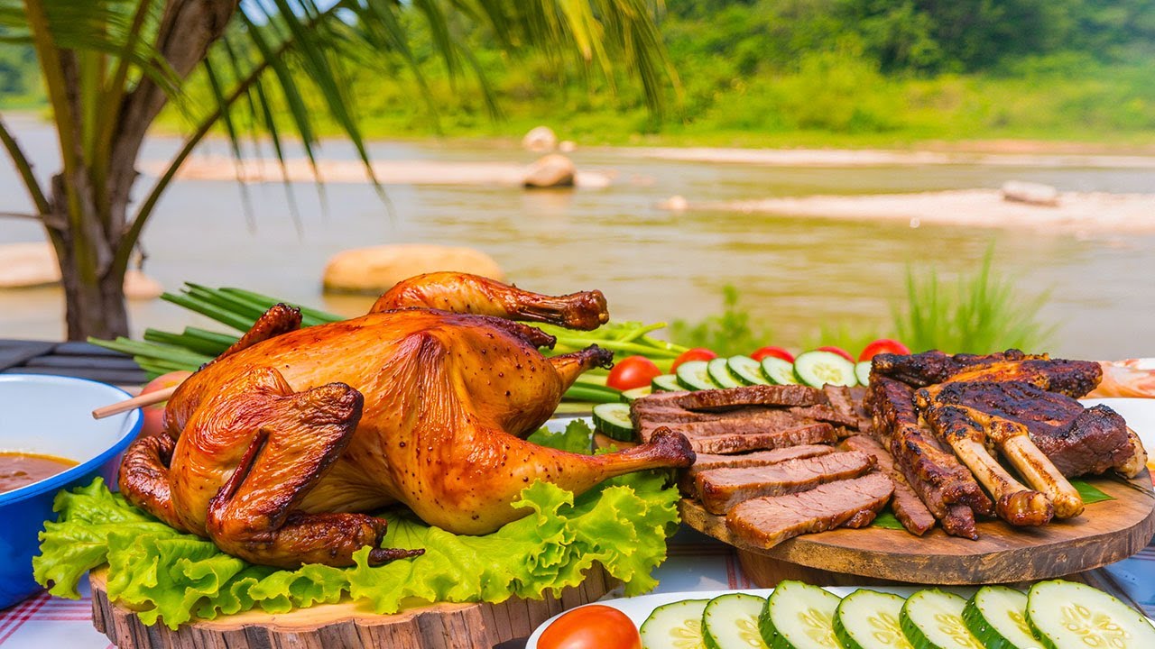 Village cooking​ Roast chicken and beef by the river, Sre District