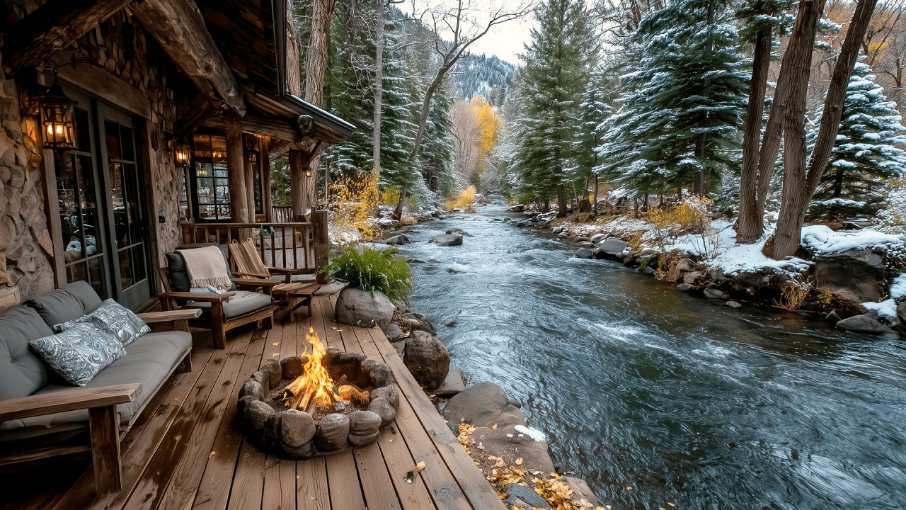 People Can’t Stop Watching This Winter Riverside Cabin Porch Firepit & Nature Sounds