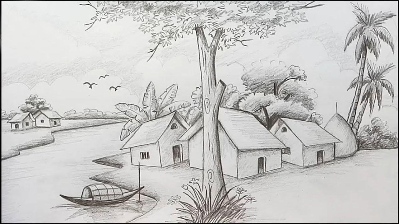 How to draw Scenery / Landscape  by pencil sketch step by step