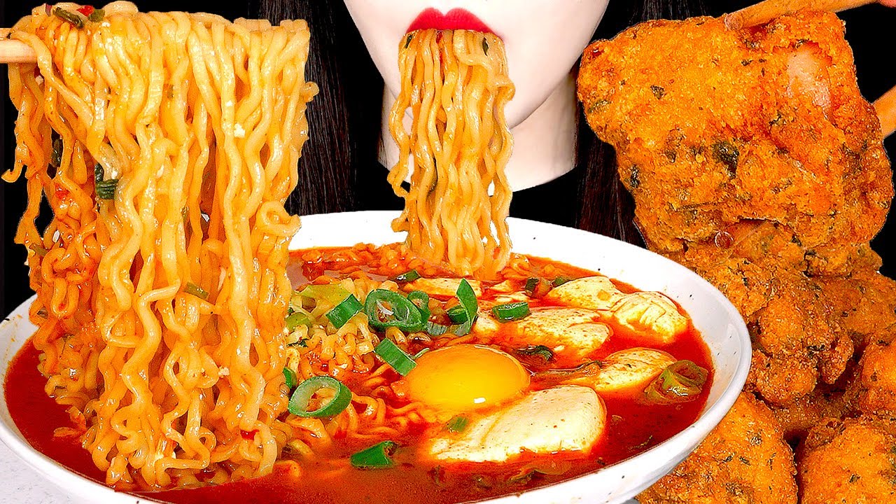 ASMR MUKBANG | SPICY SOFT TOFU RAMEN FRIED CHICKEN 직접 만든 순두부열라면 치킨 먹방 EATING SOUNDS 咀嚼音