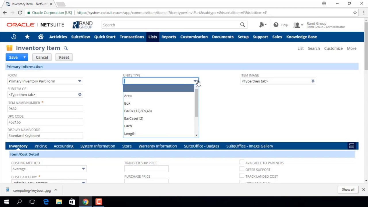 NetSuite - Create an Inventory Item