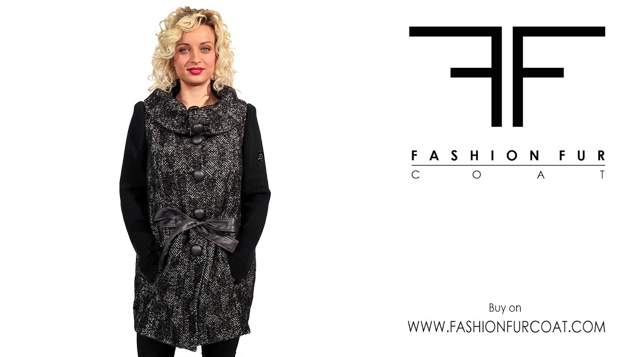00175984 CAPPOTTINO IN LANA BIANCA E NERO CON MANICHE IN MAGLIA NERA E CINTURA