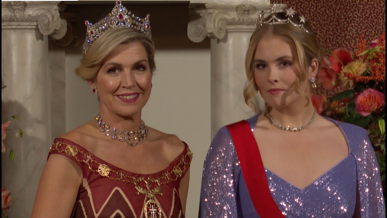 Eerste beelden: Máxima, Amalia en WA in gala voor staatsbanket met president Rebelo de Sousa