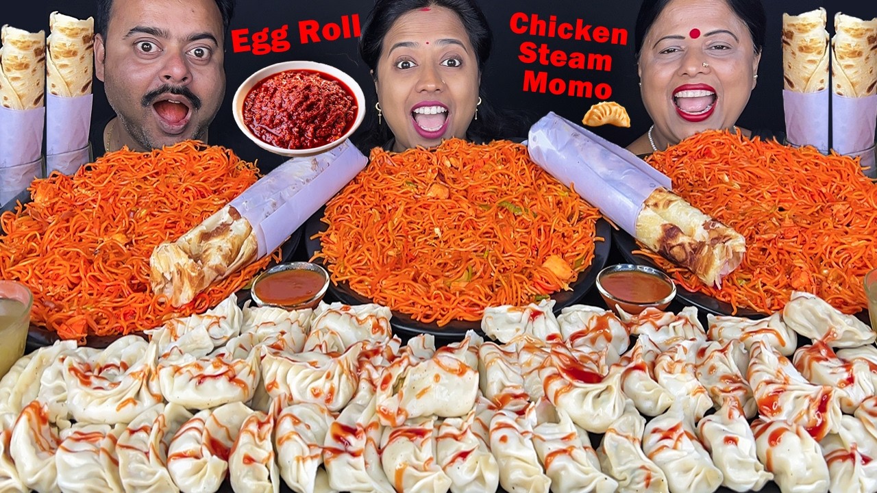 50 CHICKEN STEAM MOMO, SPICY CHICKEN SCHEZWAN NOODLES, EGG ROLL EATING CHALLENGE MUKBANG VIRAL VIDEO