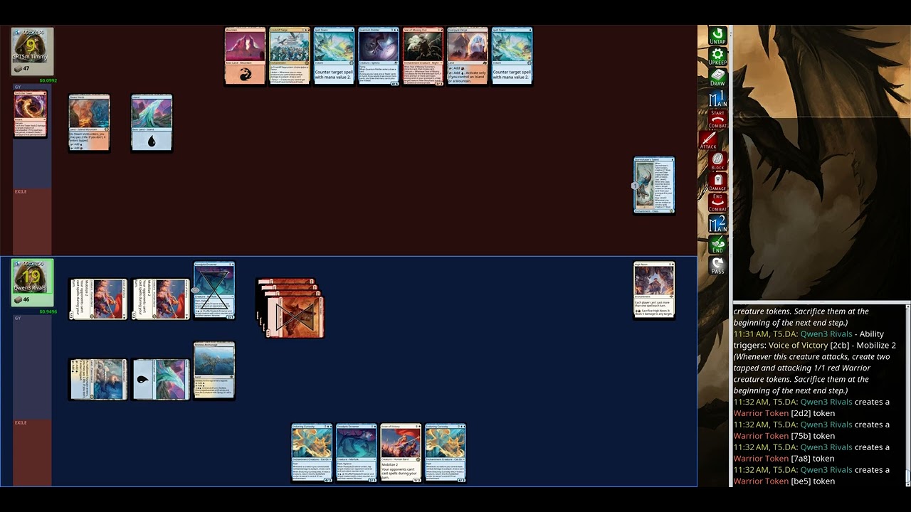 mage-bench Standard: Qwen3 Rivals (Azorius Tempo Woe) vs GPT5m Timmy (Izzet Looting Woe)