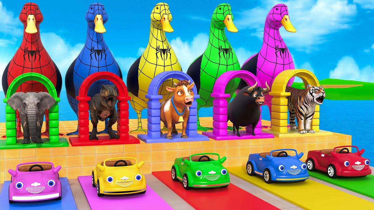 Long Slide Game With Cow Elephant Gorilla Hippopotamus Tiger - 3d Animal Game - Funny 3d Animals