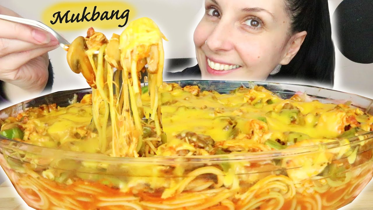 Красочная запеканка из спагетти с сыром, курицей, грибами и перцем 🍲 | Мукбанг - 먹방 | Звуки еды