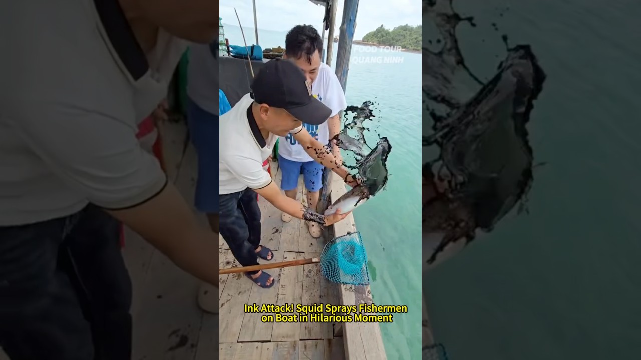 Ink Attack! Squid Sprays Fishermen on Boat in Hilarious Moment.