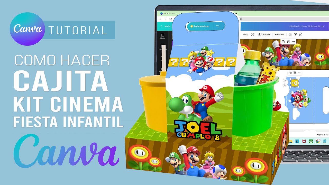 Como hacer CAJITA CINEMA para SOPRESAS INFANTILES CUMPLEAÑOS paso a paso con CANVA 🎁🆓MOLDE GRATIS