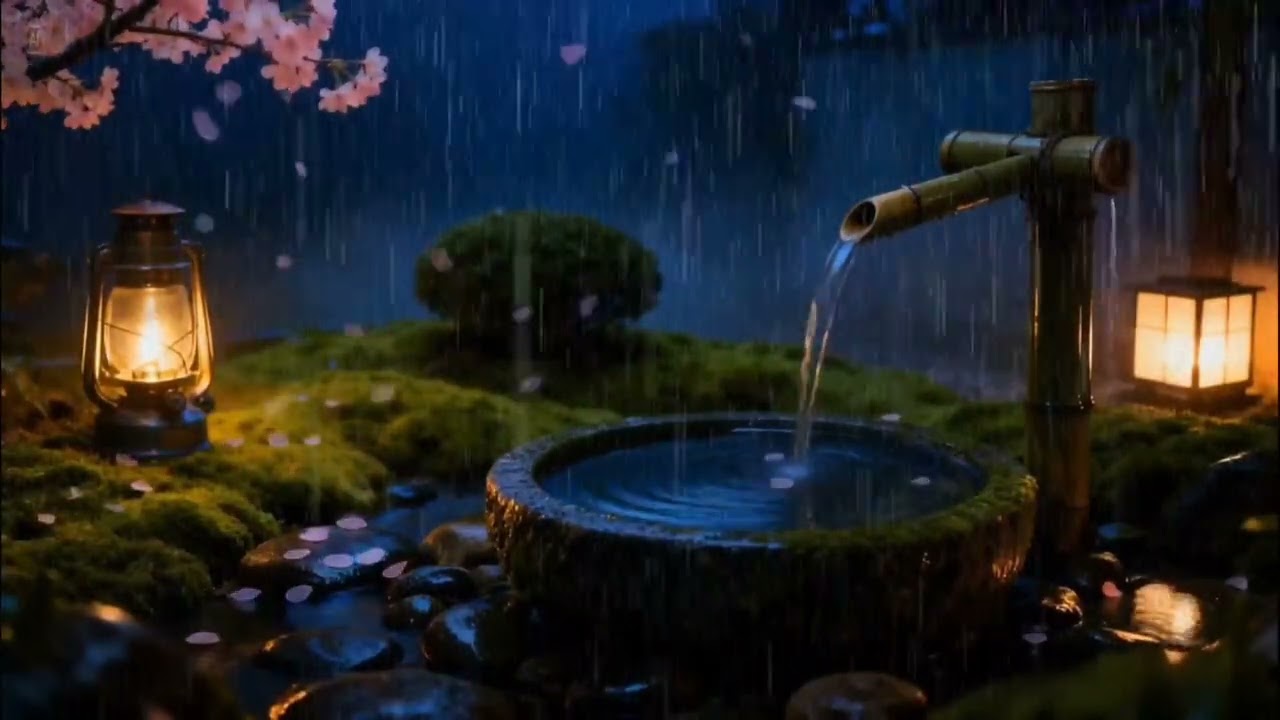 Soft Midnight Rain and Relaxing Piano in a Zen Garden | Peaceful Sleep