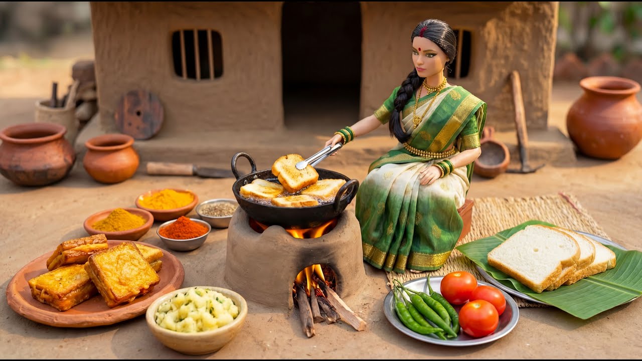 Miniature Doll Family Happiness ASMR 🥔🫓 | Wife Cooks Potato Sandwich | Indian Village Tiny Kitchen