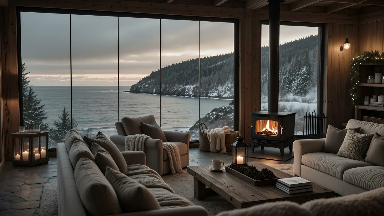Cozy Ocean Cabin Fireplace Ambience 🔥🌊 | Winter Relaxation with Ocean Views and Crackling Fire