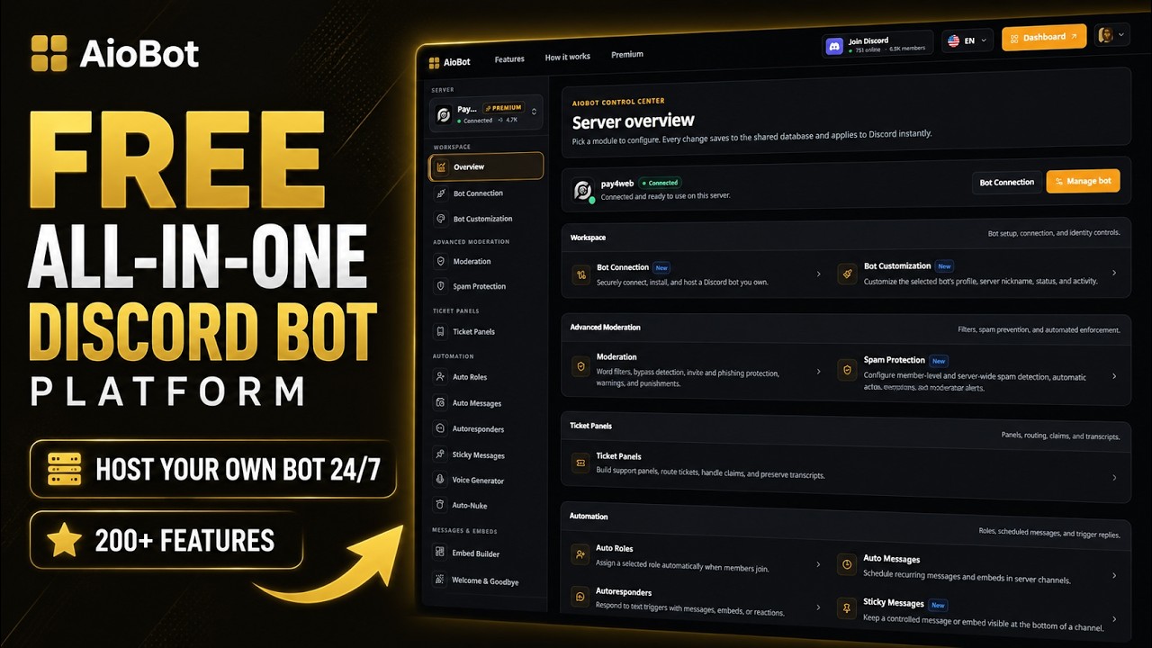 Free All-In-One Discord Bot Platform | Host Your Own Bot Online 24/7 & Gain Access To 200+ Features