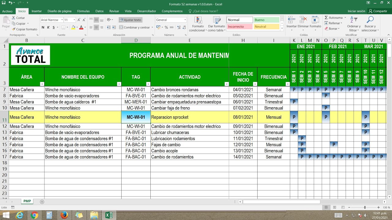 Programa de mantenimiento preventivo anual (52 semanas) Excel